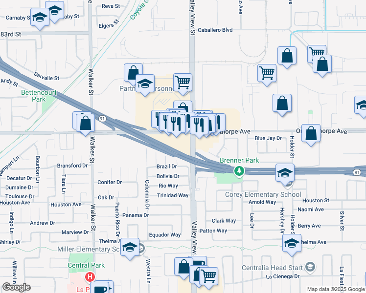 map of restaurants, bars, coffee shops, grocery stores, and more near 7051 Valley View Street in Buena Park