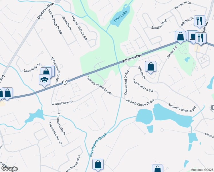 map of restaurants, bars, coffee shops, grocery stores, and more near 2875 Riverbend Court in Snellville