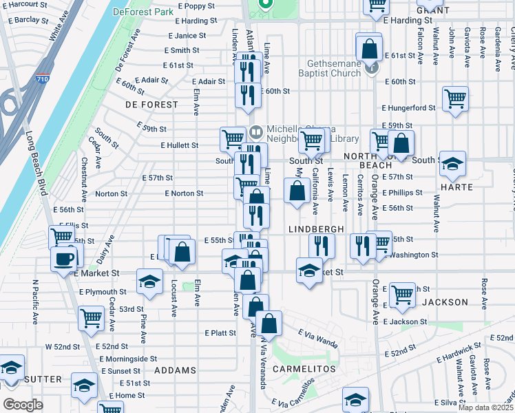 map of restaurants, bars, coffee shops, grocery stores, and more near 5582 Atlantic Avenue in Long Beach