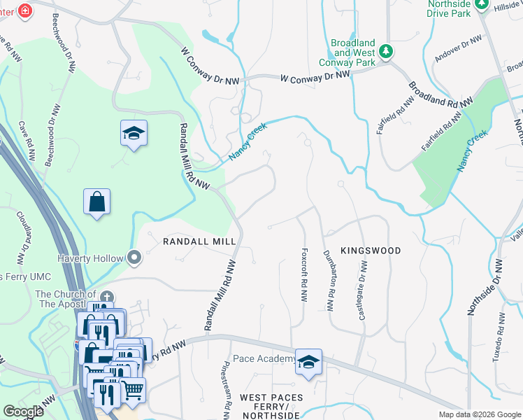 map of restaurants, bars, coffee shops, grocery stores, and more near 923 Buckingham Circle Northwest in Atlanta