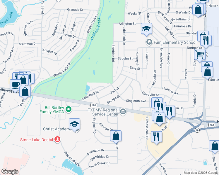 map of restaurants, bars, coffee shops, grocery stores, and more near 4815 Lake Park Drive in Wichita Falls