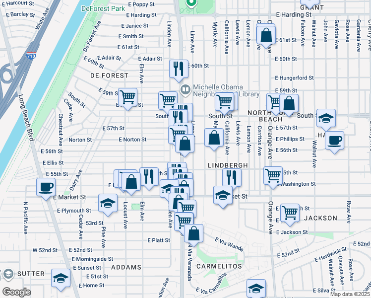 map of restaurants, bars, coffee shops, grocery stores, and more near 5582 Atlantic Avenue in Long Beach