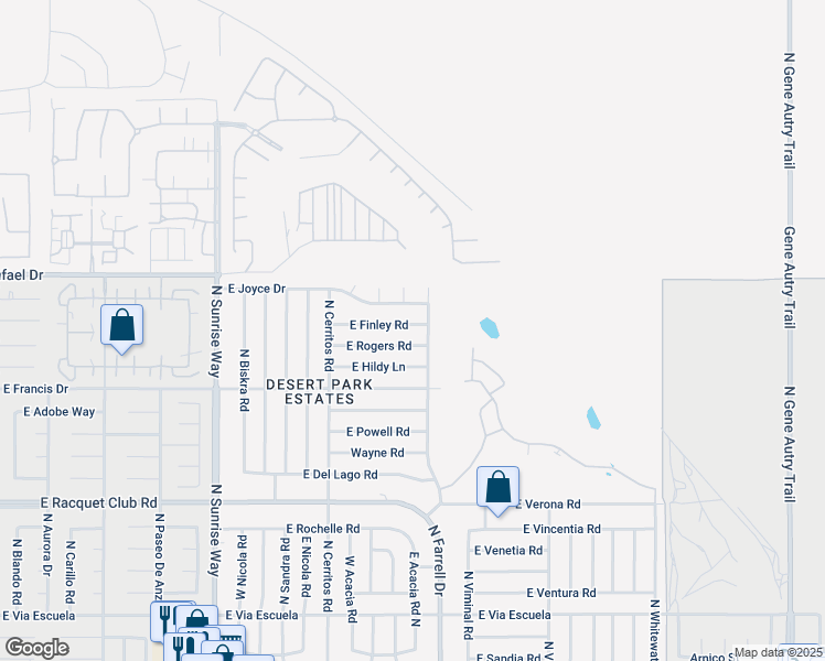 map of restaurants, bars, coffee shops, grocery stores, and more near 2477 East Finley Road in Palm Springs