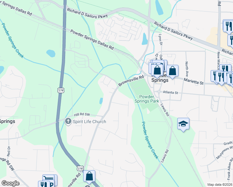 map of restaurants, bars, coffee shops, grocery stores, and more near 4103 Brownsville Road in Powder Springs