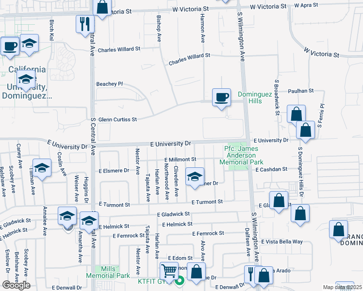 map of restaurants, bars, coffee shops, grocery stores, and more near 19003 Broadacres Avenue in Carson