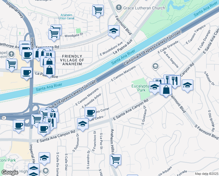 map of restaurants, bars, coffee shops, grocery stores, and more near 242 North Camino Arroyo in Anaheim