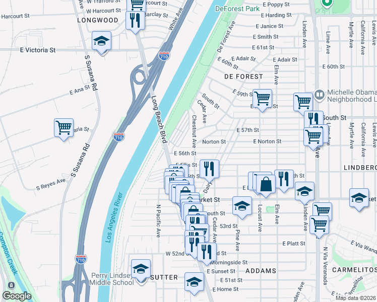 map of restaurants, bars, coffee shops, grocery stores, and more near 79 East 56th Street in Long Beach
