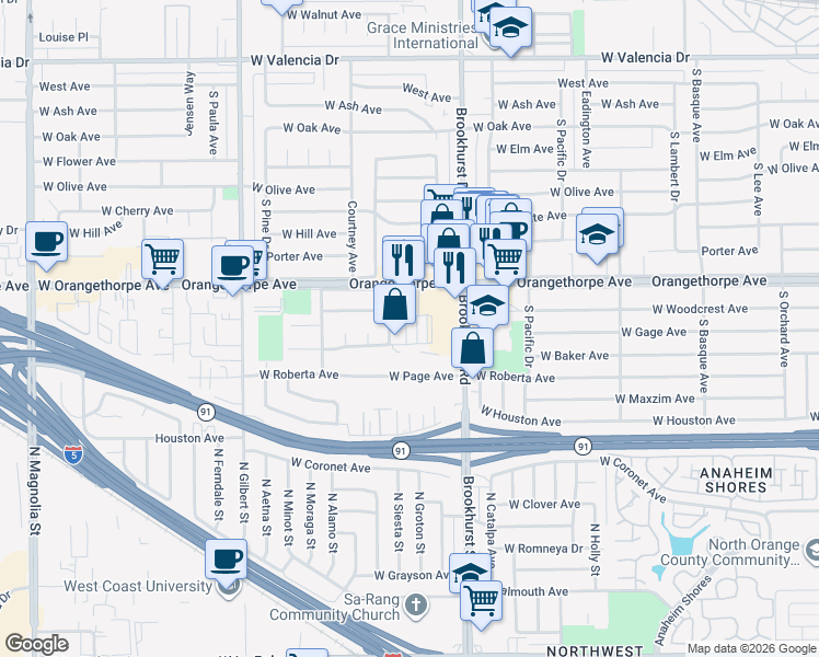 map of restaurants, bars, coffee shops, grocery stores, and more near in Fullerton