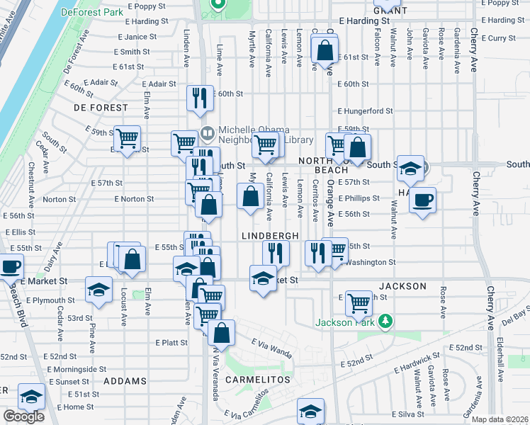 map of restaurants, bars, coffee shops, grocery stores, and more near 5597 Myrtle Avenue in Long Beach