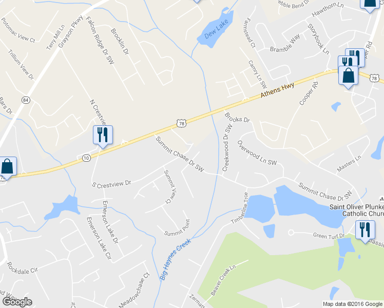 map of restaurants, bars, coffee shops, grocery stores, and more near 2875 Riverbend Court in Snellville