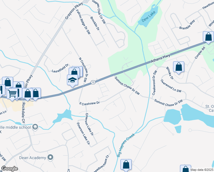 map of restaurants, bars, coffee shops, grocery stores, and more near 2736 Park Land Lane in Grayson