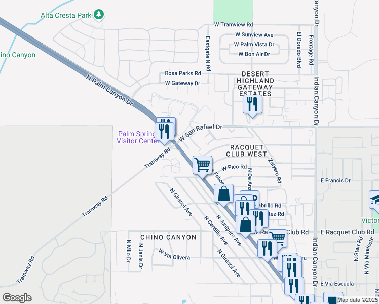 map of restaurants, bars, coffee shops, grocery stores, and more near 2875 North Los Felices Road in Palm Springs