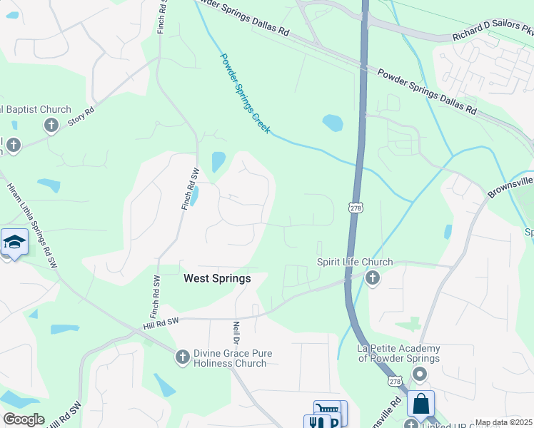 map of restaurants, bars, coffee shops, grocery stores, and more near 3921 Heritage Oaks Drive Southwest in Hiram
