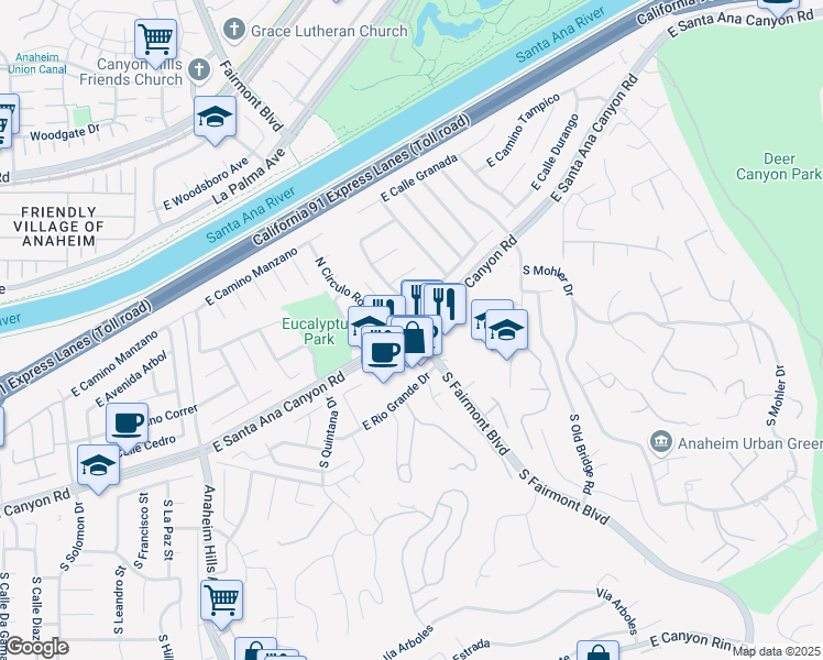 map of restaurants, bars, coffee shops, grocery stores, and more near E Santa Ana Canyon Rd & Fairmont Blvd in Anaheim