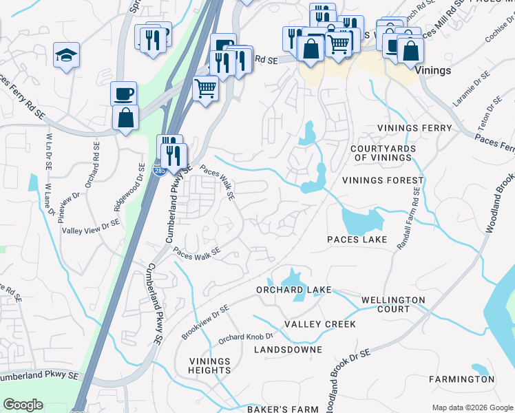 map of restaurants, bars, coffee shops, grocery stores, and more near 2622 Paces View in Atlanta
