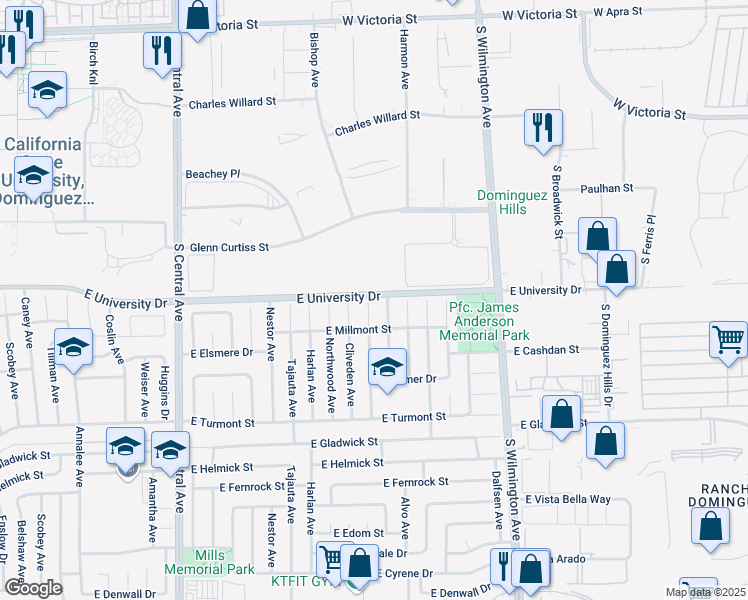 map of restaurants, bars, coffee shops, grocery stores, and more near 19003 Broadacres Avenue in Carson