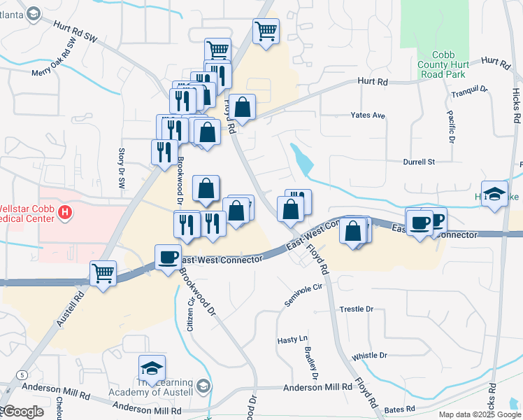 map of restaurants, bars, coffee shops, grocery stores, and more near 3920 Floyd Road in Austell