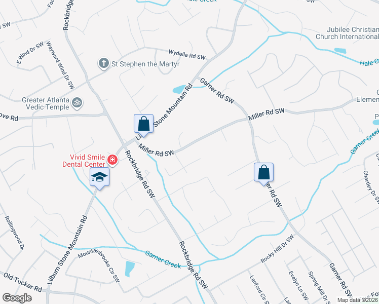 map of restaurants, bars, coffee shops, grocery stores, and more near 5298 Miller Road Southwest in Lilburn