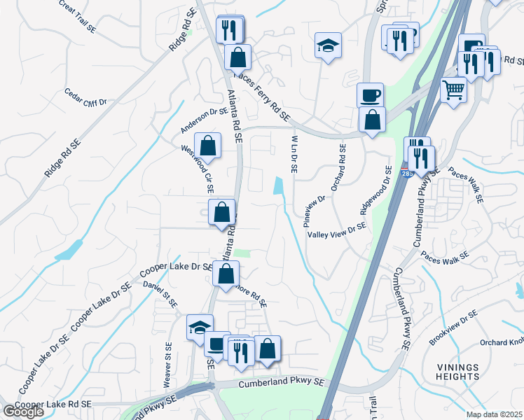 map of restaurants, bars, coffee shops, grocery stores, and more near 2455 Tyne Terrace Southeast in Smyrna