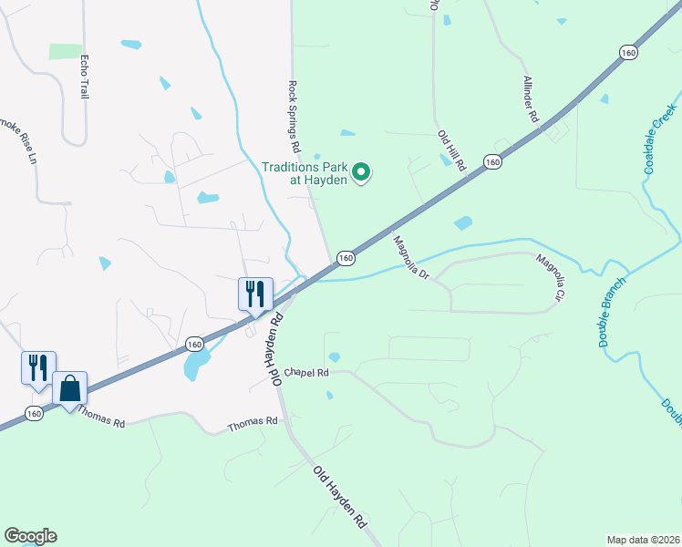 map of restaurants, bars, coffee shops, grocery stores, and more near 1344 Alabama 160 in Warrior