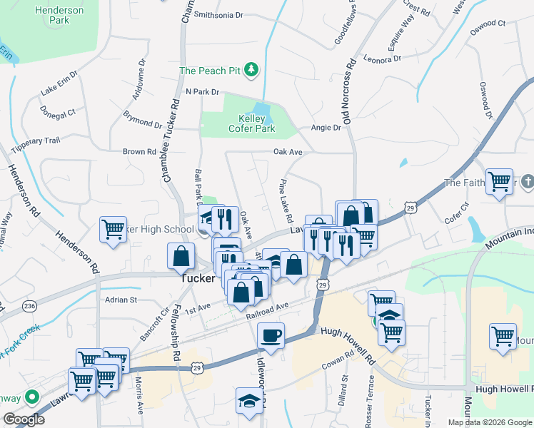 map of restaurants, bars, coffee shops, grocery stores, and more near 2446 Lehaven Drive in Tucker