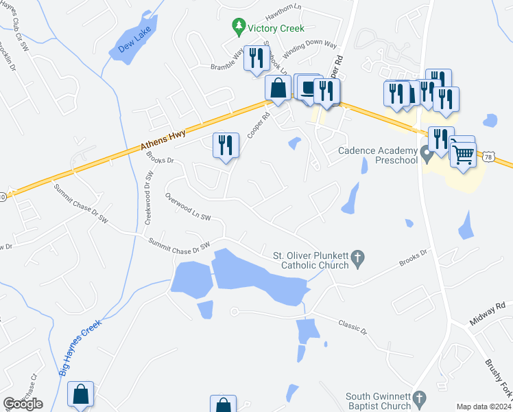 map of restaurants, bars, coffee shops, grocery stores, and more near 1300 Summit Point Lane in Snellville