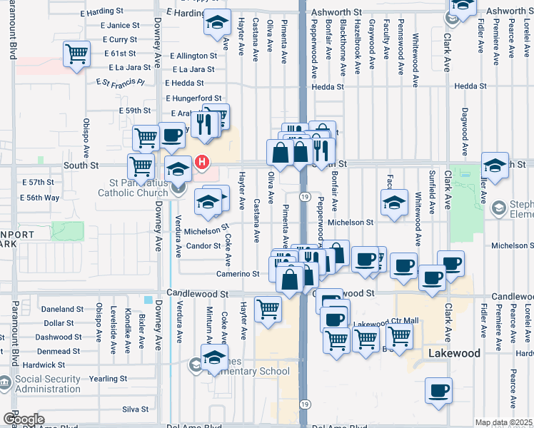 map of restaurants, bars, coffee shops, grocery stores, and more near 5613 Oliva Avenue in Lakewood