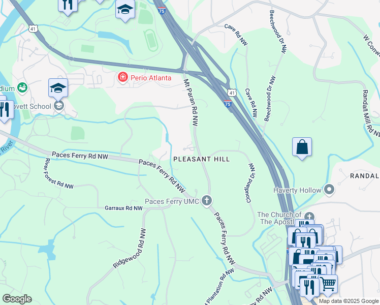 map of restaurants, bars, coffee shops, grocery stores, and more near 3760 Paces Ridge Road in Atlanta