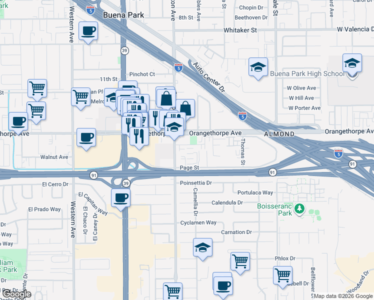 map of restaurants, bars, coffee shops, grocery stores, and more near 8020 Ackerman Street in Buena Park