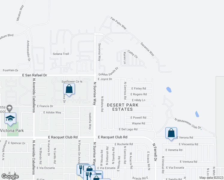 map of restaurants, bars, coffee shops, grocery stores, and more near 3001 North Chuperosa Road in Palm Springs