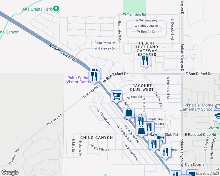 map of restaurants, bars, coffee shops, grocery stores, and more near 2857 North Los Felices Road in Palm Springs