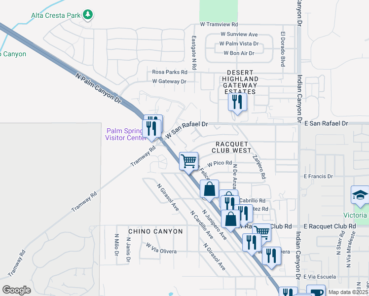 map of restaurants, bars, coffee shops, grocery stores, and more near 2801 North Los Felices Road in Palm Springs