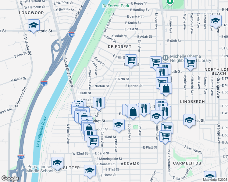 map of restaurants, bars, coffee shops, grocery stores, and more near 225 East 56th Street in Long Beach