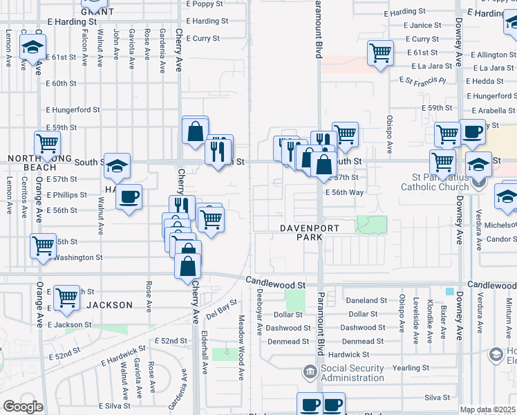 map of restaurants, bars, coffee shops, grocery stores, and more near 5535 Ackerfield Avenue in Long Beach