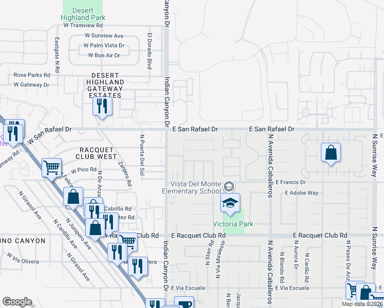 map of restaurants, bars, coffee shops, grocery stores, and more near 332 Simms Road in Palm Springs