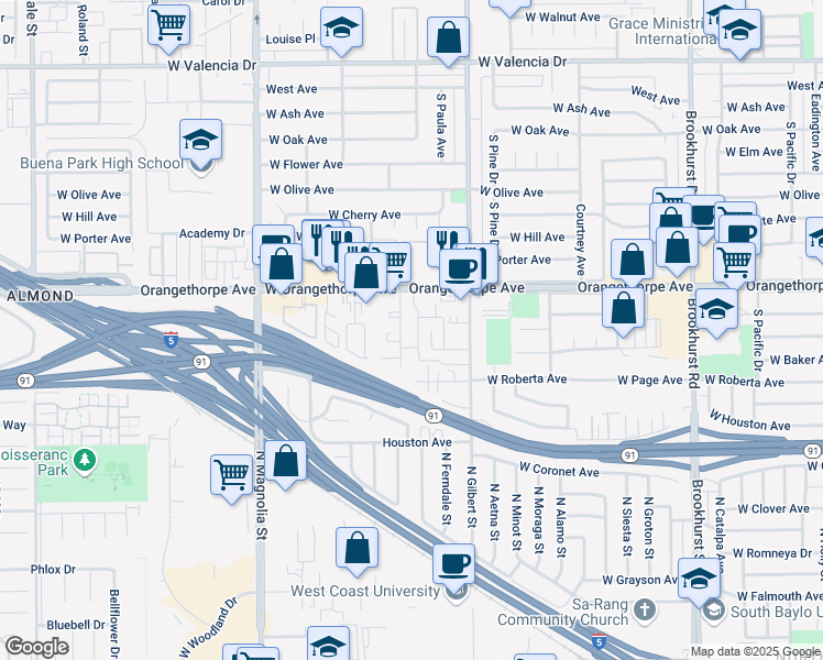 map of restaurants, bars, coffee shops, grocery stores, and more near 1324 South Peckham Street in Fullerton