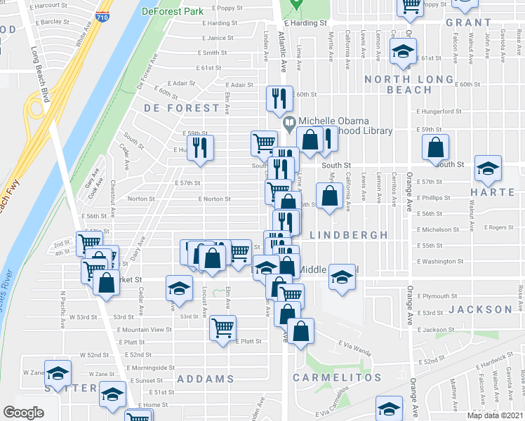 map of restaurants, bars, coffee shops, grocery stores, and more near 485 East 56th Street in Long Beach