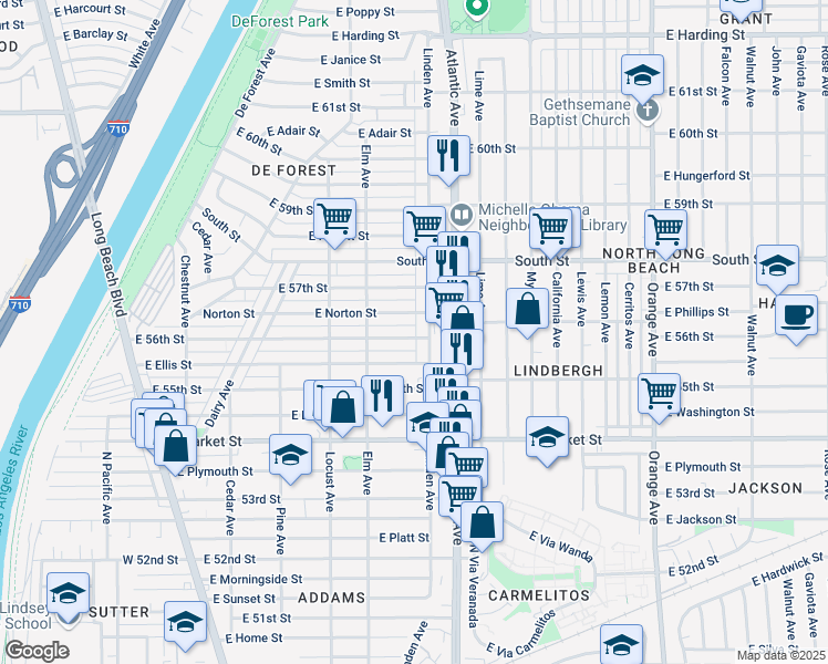 map of restaurants, bars, coffee shops, grocery stores, and more near 485 East 56th Street in Long Beach