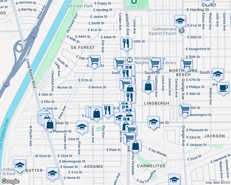 map of restaurants, bars, coffee shops, grocery stores, and more near 485 East 56th Street in Long Beach