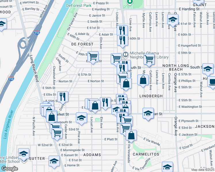 map of restaurants, bars, coffee shops, grocery stores, and more near 422 East Norton Street in Long Beach