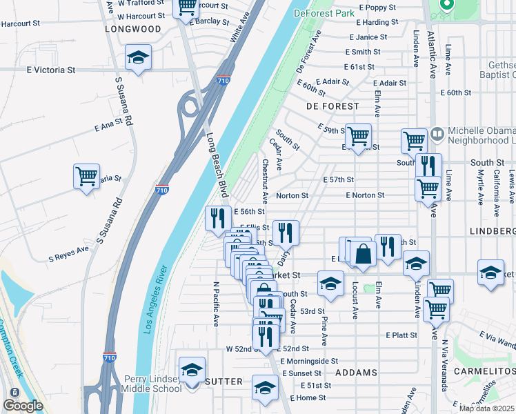 map of restaurants, bars, coffee shops, grocery stores, and more near 5619 Chestnut Avenue in Long Beach