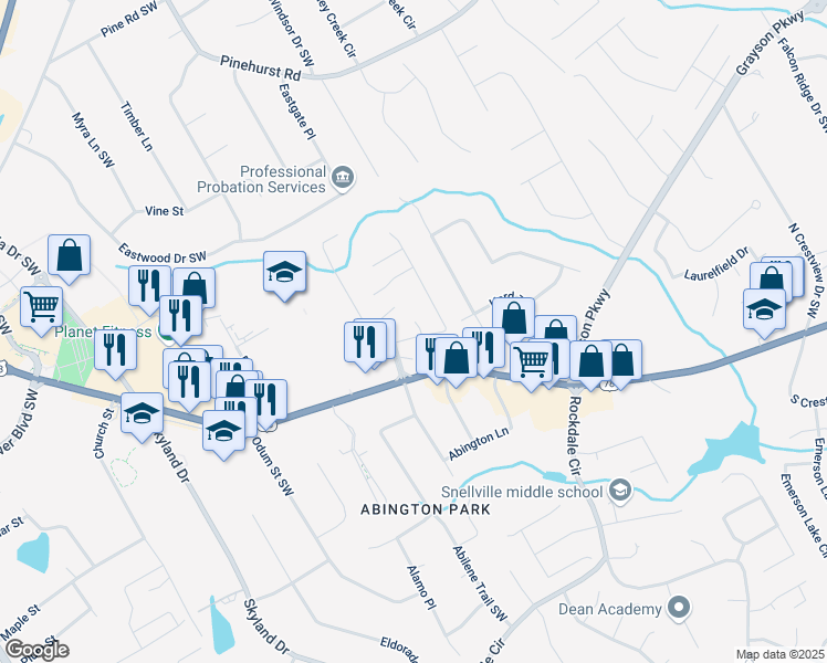map of restaurants, bars, coffee shops, grocery stores, and more near 2055 Hickory Station Circle in Snellville