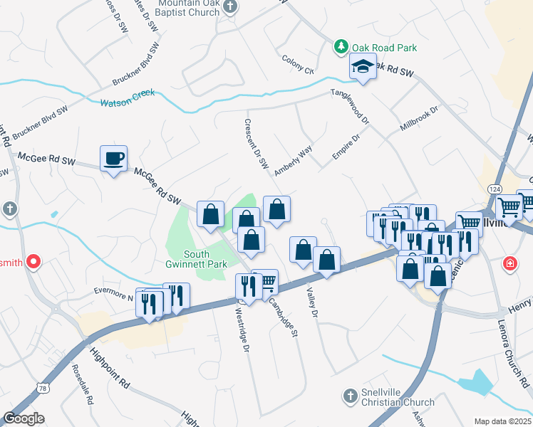 map of restaurants, bars, coffee shops, grocery stores, and more near 2106 Mc Gee Road Southwest in Snellville