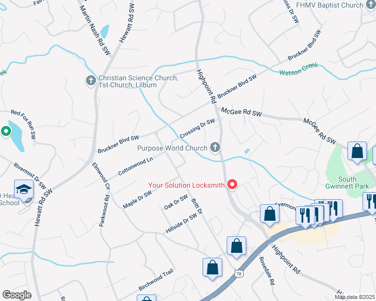 map of restaurants, bars, coffee shops, grocery stores, and more near 3312 Crossing Drive Southwest in Snellville