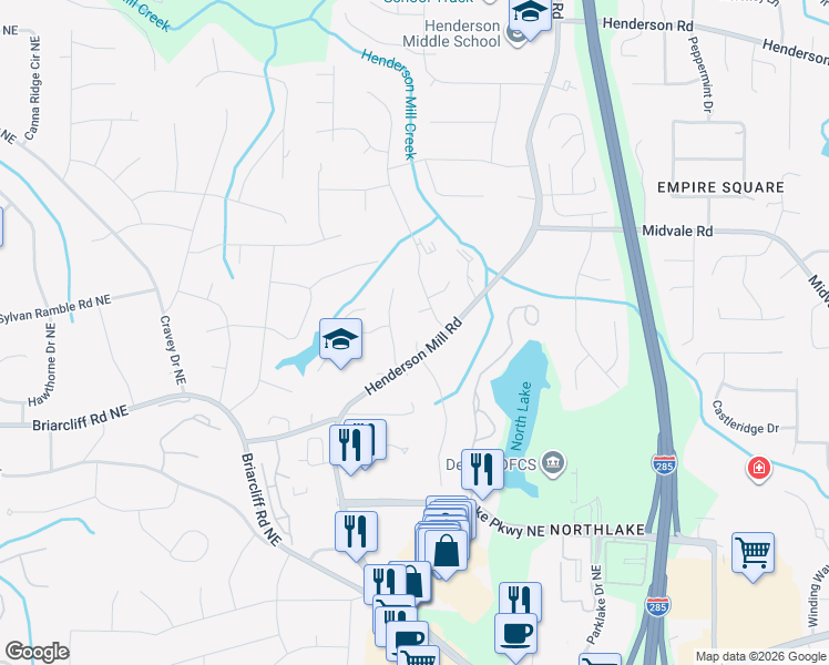 map of restaurants, bars, coffee shops, grocery stores, and more near 2454 Kings Court in Atlanta