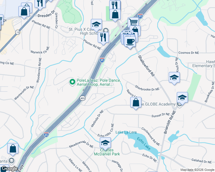 map of restaurants, bars, coffee shops, grocery stores, and more near 2382 Peachwood Circle Northeast in Atlanta
