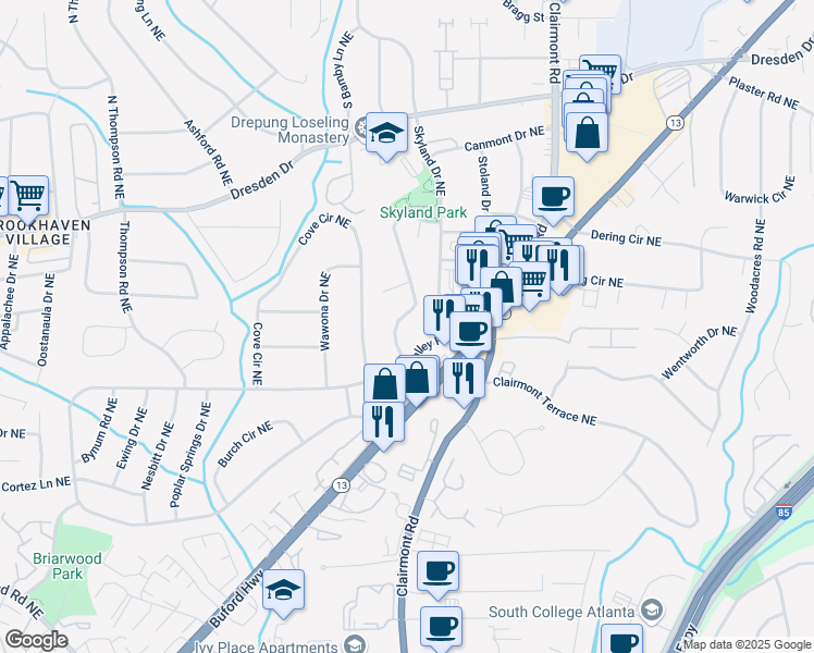 map of restaurants, bars, coffee shops, grocery stores, and more near 2461 Skyland Trail Northeast in Atlanta
