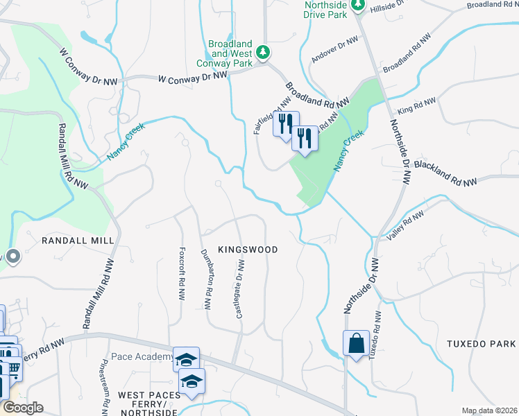 map of restaurants, bars, coffee shops, grocery stores, and more near 3741 Haddon Hall Road Northwest in Atlanta