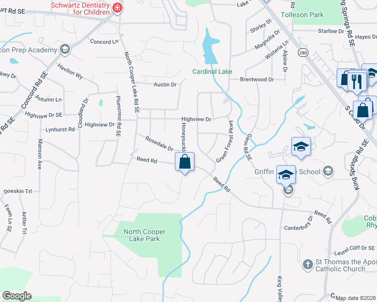 map of restaurants, bars, coffee shops, grocery stores, and more near 725 Rosedale Drive in Smyrna