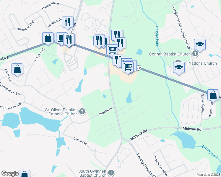 map of restaurants, bars, coffee shops, grocery stores, and more near 3317 Rosebud Road Southwest in Snellville